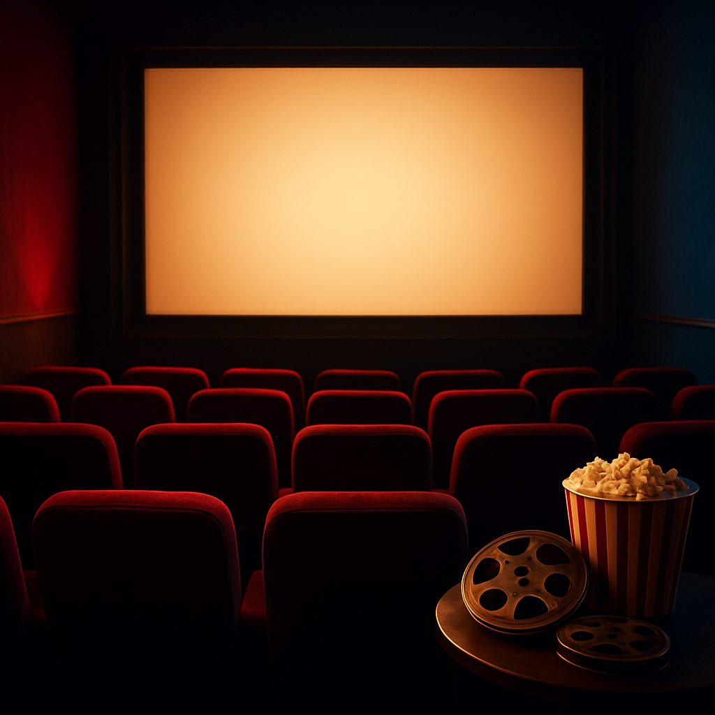 Cozy movie theater with red seats and a glowing screen